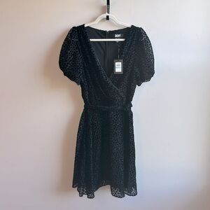 DKNY Black Tie Velvet Polka Dot Dress with Puff Sleeves 16 NWT Knee-Length